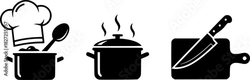 Set of black cooking icons with steam and food silhouettes