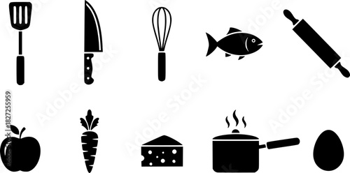 Silhouette icons of cooking utensils and ingredients for kitchen design