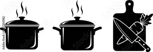 Set of black cooking icons with steam and food silhouettes