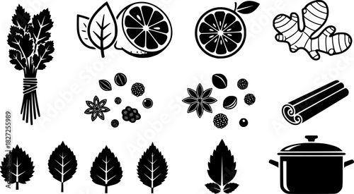 Silhouette icons of cooking utensils and ingredients for kitchen design