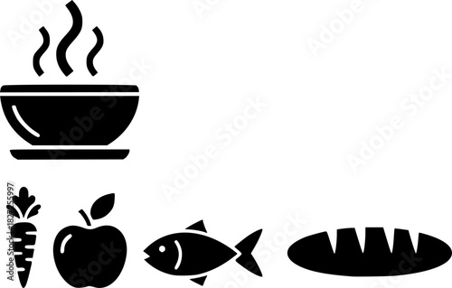 Icon set of healthy snacks: silhouette designs of food and beverages for lifestyle projects