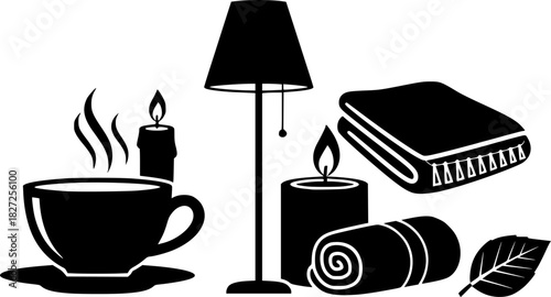 Minimalist cozy home icons: lamp, mug, blanket, candle, book, pillow silhouette