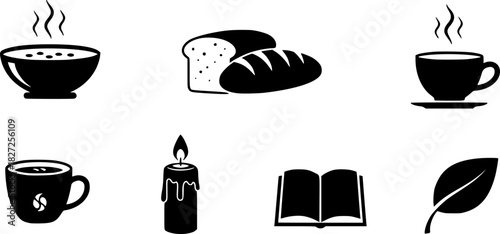 Set of black cooking icons with steam and food silhouettes