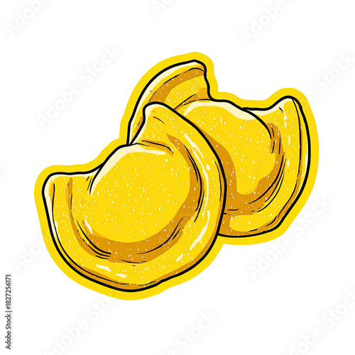 Two yellow dumplings with a thick yellow outline on a green background