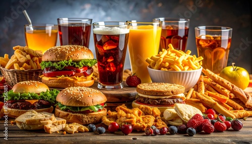 Assortment of fast food items and beverages including burgers, fries, and soft drinks, arranged on a rustic wooden table.