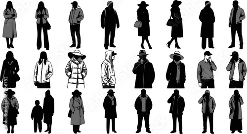Vector silhouettes man and women, illustration. Silhouettes of people posing in warm winter clothes. EPS version.