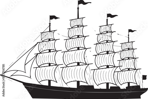 ship classic tall ship rigging sails vector line art silhouette