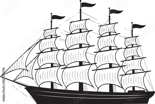 ship four mast sailing vessel vector illustration black white