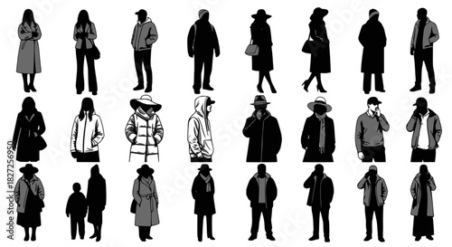 Vector silhouettes man and women, illustration. Silhouettes of people posing in warm winter clothes. Transparent background SVG version.