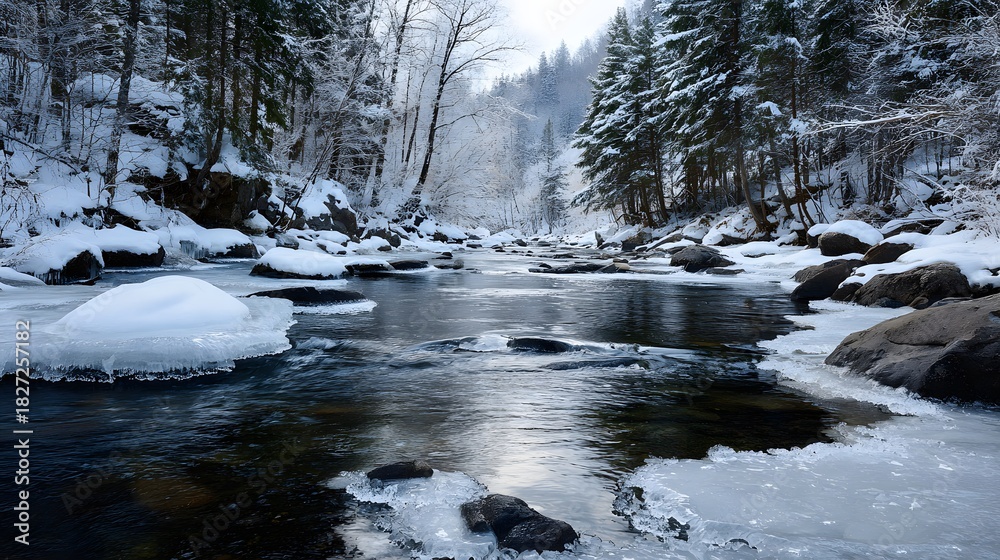 Fototapeta premium A slow-motion capture of a partially frozen river in a forest. Water flows visibly between sheets of clear ice, symbolizing persistence.