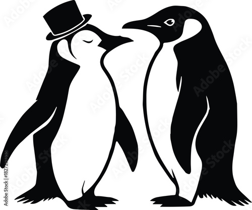 penguin silhouettes icon set with hat and facing pose