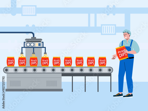 Step in the potato chips production process. Food industry vector illustration. Flat illustration concept.