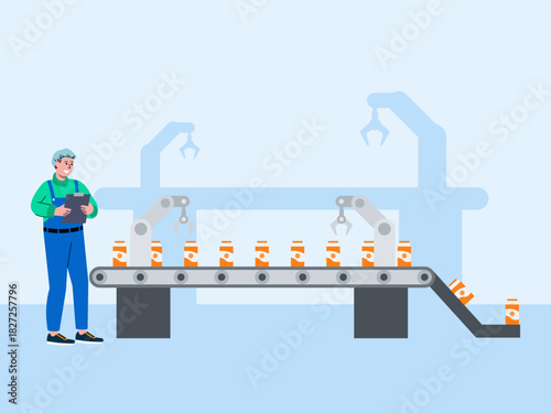 The factory shows a conveyor belt system moving products orange juice. Food industry vector illustration. Flat illustration concept.