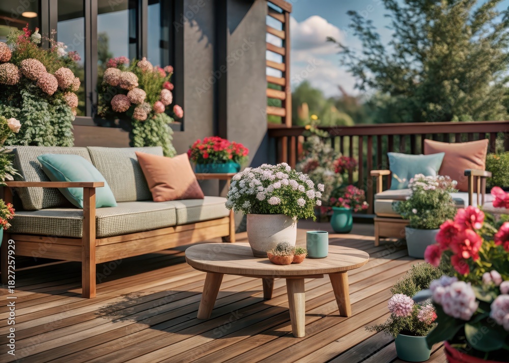 Fototapeta premium Cozy wooden terrace with rustic wooden furniture, adorned with lush greenery and vibrant flowers, invites relaxation and tranquility