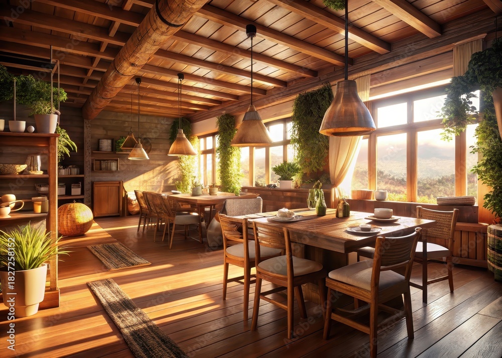 Fototapeta premium Sunlit elegance in a cozy dining space with warm wood accents and natural textiles