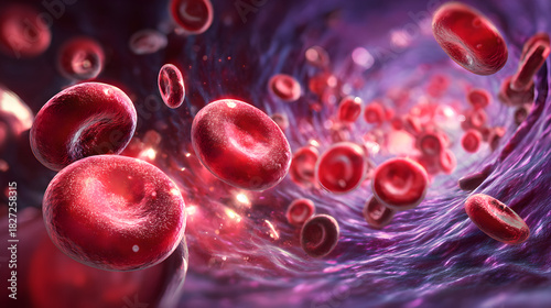 Vibrant red blood cells circulating rapidly through a deep purple body vessel.	