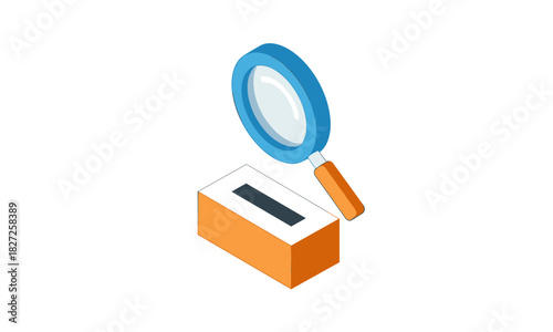 Intriguing isometric magnifying glass examining box, perfect for inspections, searches, or discovery concepts, originally a scalable vector graphic