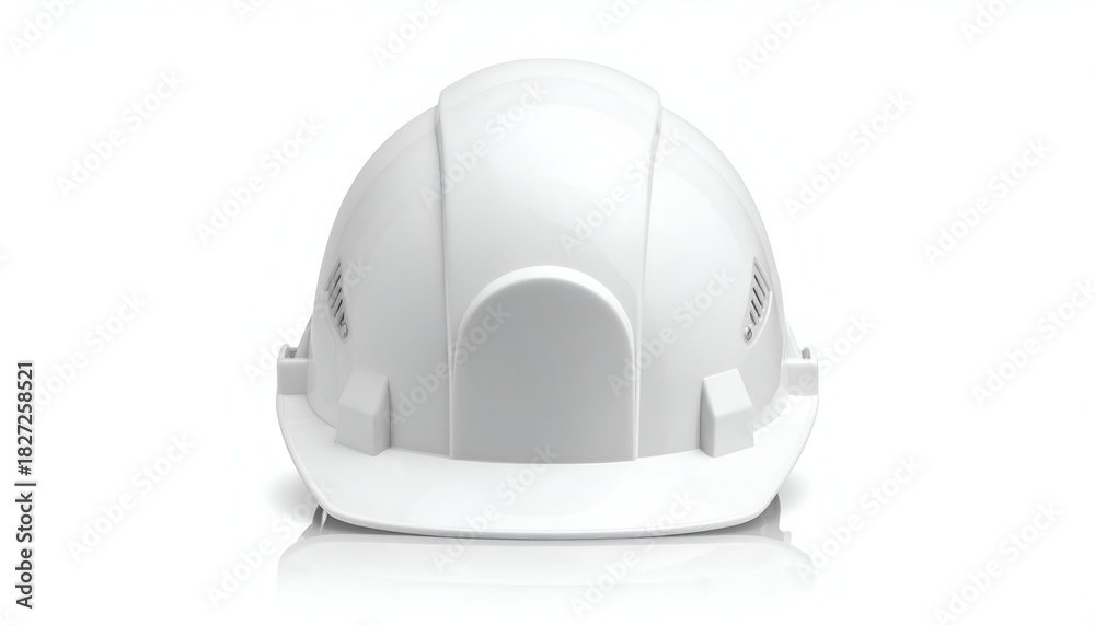 Fototapeta premium A close-up, frontal view of a plain white construction worker's helmet, reflecting light