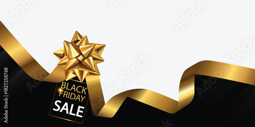 Elegant Black Friday Sale banner featuring a glossy golden ribbon and bow attached to a sale tag. High-contrast design provides ample copy space for luxury shopping promotion