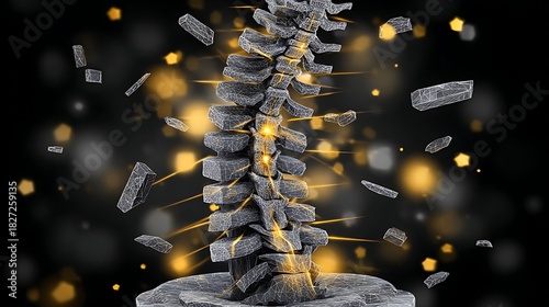 foremost. A sculptural representation of a human spine made of cracked stone with five points of intense pressure glowing warmly. wellbeing guides.