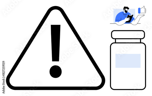Large caution sign next to a medicine bottle and a friendly user giving a thumbs-up. Ideal for healthcare alerts, medication safety, responsible usage, pharmaceutical approval, health guidelines