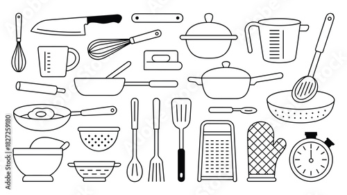 Kitchen utensils drawing culinary tools and equipment sketch outline illustration set design