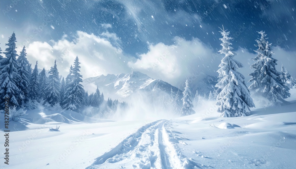 Obraz premium Serene Winter Landscape with Snow-Covered Trees and Mountain View