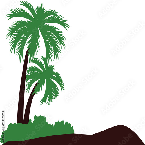 Tropical palm trees with green leaves and bushes creating a natural landscape illustration.