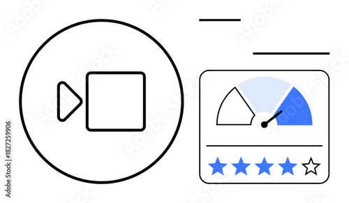 Video content concept. Video playback icons with performance rating stars and a speedometer. Video tools for quality, user feedback, analytics, and digital marketing