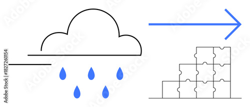 Cloud computing. Cloud computing data flow with raindrops leading to structured puzzle integration. Cloud computing ensures seamless data processing and system organization. For technology, data