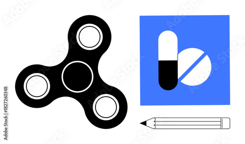 Black fidget spinner, pencil, and blue medical graphic with a pill and tablet. Ideal for productivity, health, education, wellness, relaxation focus stress management. Minimalist flat metaphor