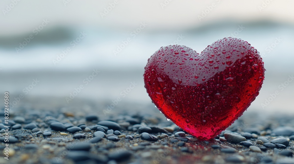 Obraz premium A close-up of a red heart-shaped object with droplets, resting on a bed of pebbles by the shore, evoking feelings of love and tranquility.