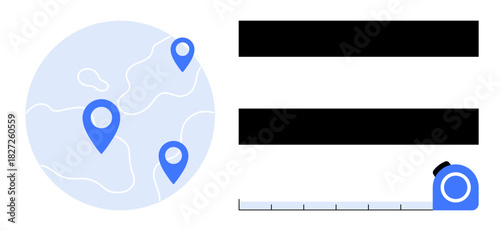 Globe with three location markers alongside a measuring tape, emphasizing mapping, distance, navigation, and planning. Ideal for logistics, travel, measurement, navigation global reach planning