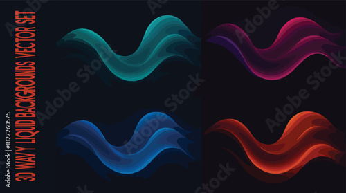 Abstract Wavy Backgrounds Set: A collection of dynamic, three-dimensional, wavy backgrounds in diverse, vibrant colors, exuding energy and modern flair.