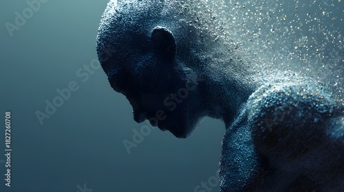 Abstract human figure dissolving into particles, representing digital transformation and artificial intelligence.