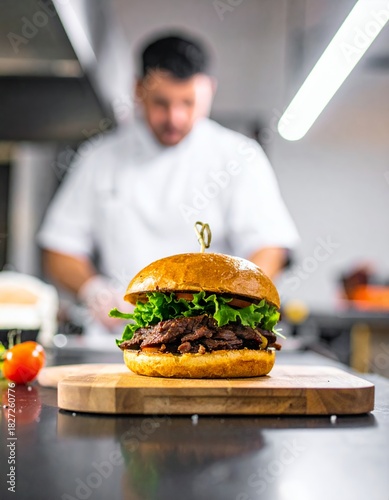 Gourmet Pulled Pork Sandwich with Arugula on a Wooden Board in a Professional Kitchen.