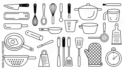 Assortment of kitchen utensils cooking tools baking equipment line art illustration drawing