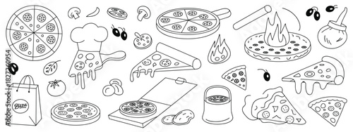 Hand drawn pizza elements pepperoni slices mushrooms olives italian food doodle sketch