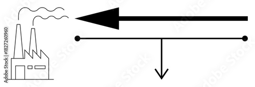 Industrial process with a factory, flow arrows, and distribution elements. Industrial flow demonstrates activity routing in systems. Great for business, energy, and technology concepts