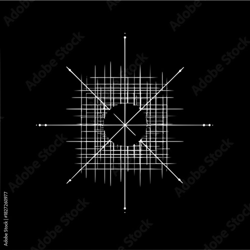 Abstract white lines and circle on black background creating a complex geometric design with radial symmetry