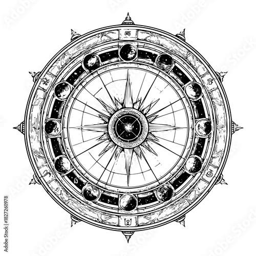 Detailed astrological wheel with moon phases and celestial starburst is very intricate and ornate