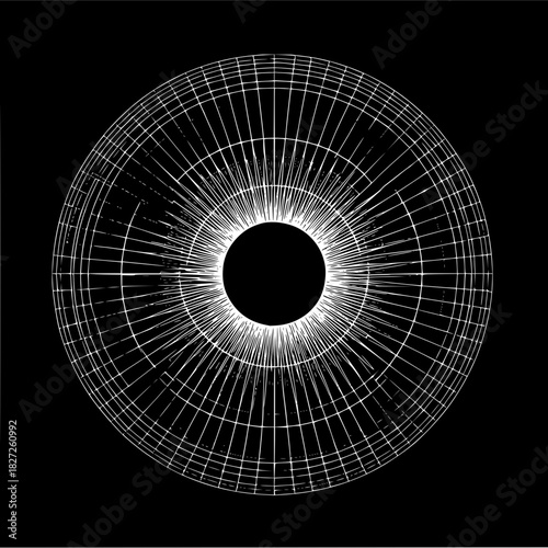 Abstract circular grid with central void creates a captivating visual illusion of depth and dimension on black background