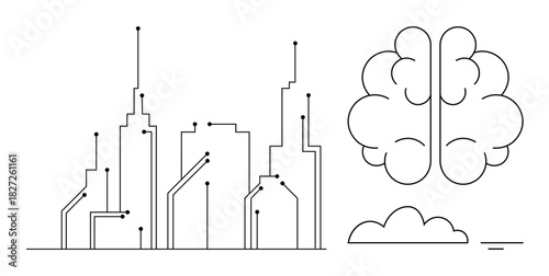 Artificial intelligence. AI ed through a connected brain and integrated smart city skyline. Artificial intelligence shaping urban development and tech integration. For smart city, technology, AI