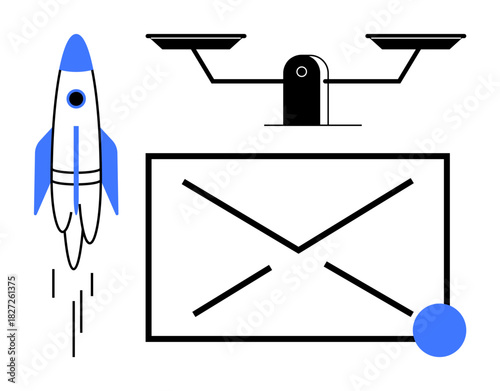 Rocket launching upward, envelope with a circle, and scale symbolizing progress, communication, and equilibrium. Ideal for innovation, email marketing, technology, fairness balance startup growth