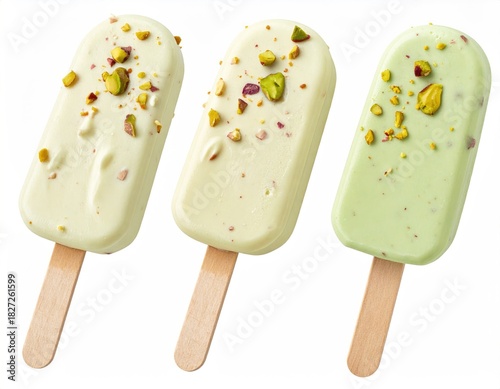 Three pistachio ice cream pops on wooden sticks