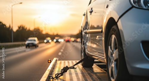 Silver car being towed on a flatbed truck along a busy highway during sunset, showcasing the transport process and the dynamic movement of vehicles