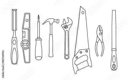 An assortment of hand tools for carpentry in outline style illustration.