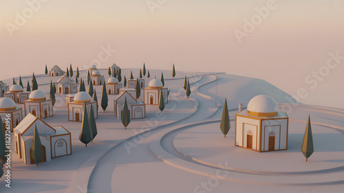 Stylized miniature cityscape with islamic architecture and cypress trees