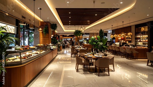 Luxurious Modern Restaurant Interior with Elegant Seating and Buffet Display.