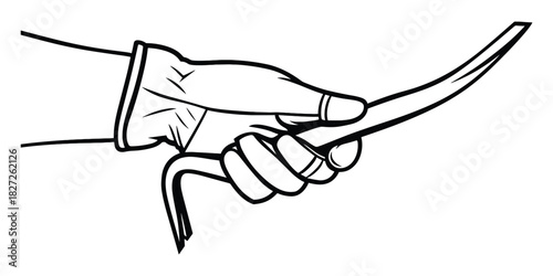 Illustration of gloved hand firmly gripping a curved metal tool, side view.